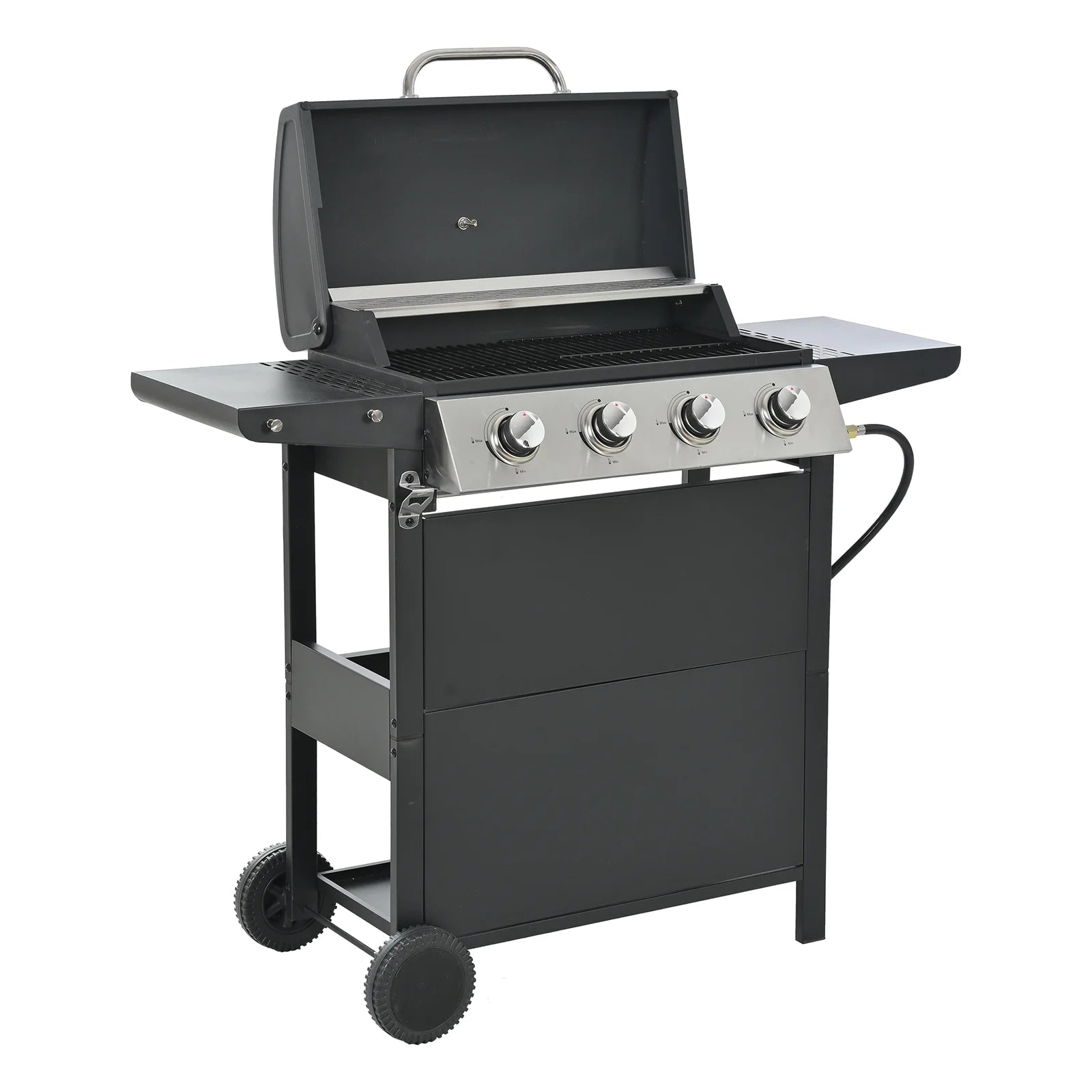 Propane Gas Grill 4 Burner Barbecue Grill,Outdoor Propane Gas Grill,Stainless Steel 34,000 BTU Patio Garden Barbecue Grill with 2 Foldable Shelves Wheels and Bottle Opener