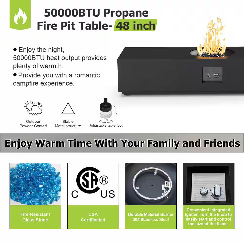 48 In, 50,000 BTU Black Coating Steel Outdoor Fire Table Propane Gas Fire Pit Table