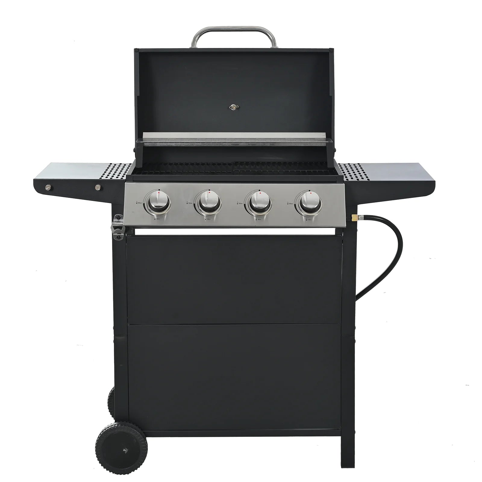 Propane Gas Grill 4 Burner Barbecue Grill,Outdoor Propane Gas Grill,Stainless Steel 34,000 BTU Patio Garden Barbecue Grill with 2 Foldable Shelves Wheels and Bottle Opener