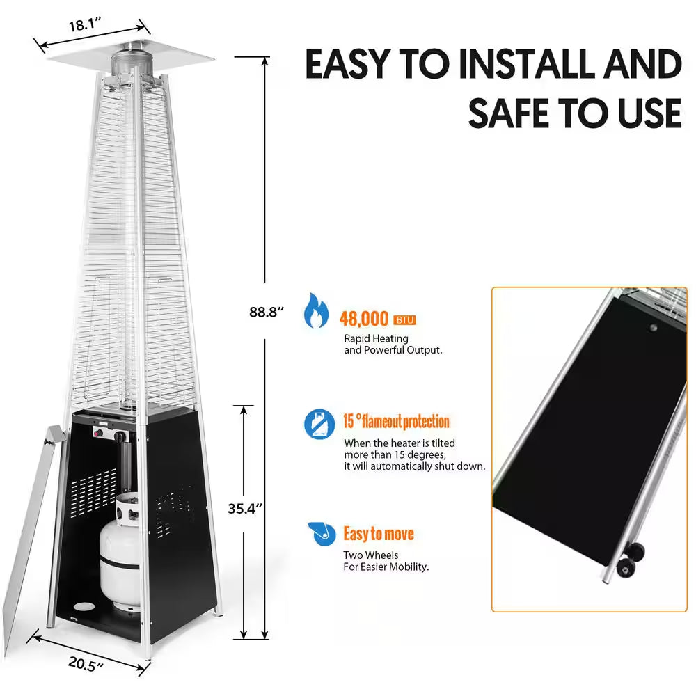 48,000 BTU Steel Propane Standing Pyramid Patio Heater with Wheels Ideal for Backyard Balcony 6-8 People