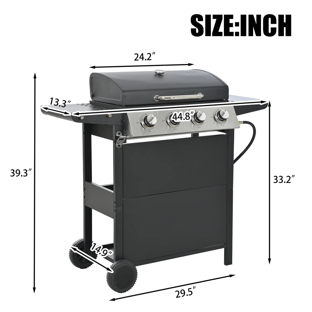 Propane Gas Grill 4 Burner Barbecue Grill,Outdoor Propane Gas Grill,Stainless Steel 34,000 BTU Patio Garden Barbecue Grill with 2 Foldable Shelves Wheels and Bottle Opener