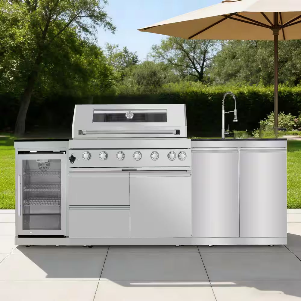 43 In. 6-Burner 85,000 BTU Stainless Steel Outdoor Kitchen BBQ Grill Island, Wine Refrigerator, Rotisserie, in Sliver