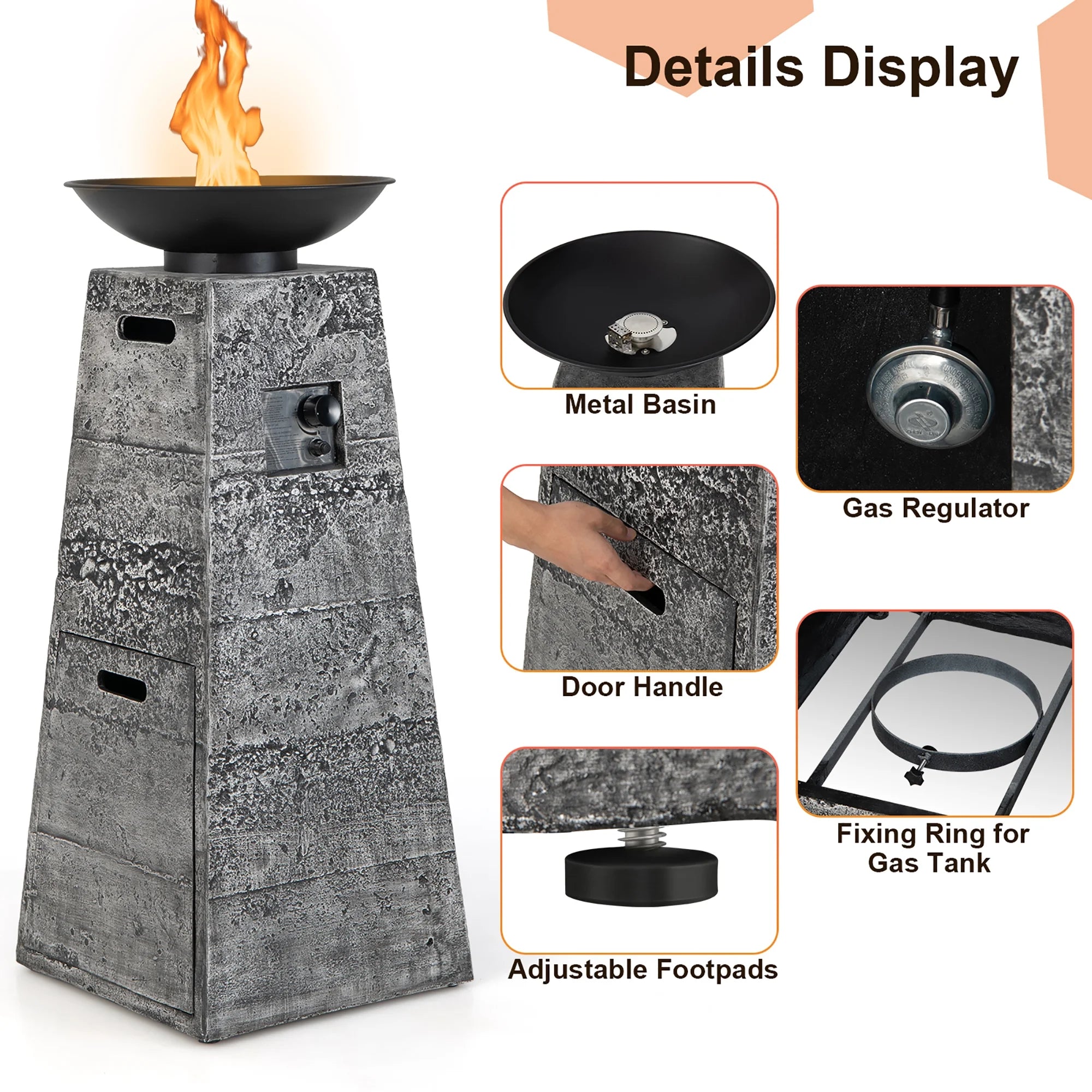 48'' Outdoor Propane Fire Bowl Column W/ Lava Rocks & PVC Cover 30,000 BTU