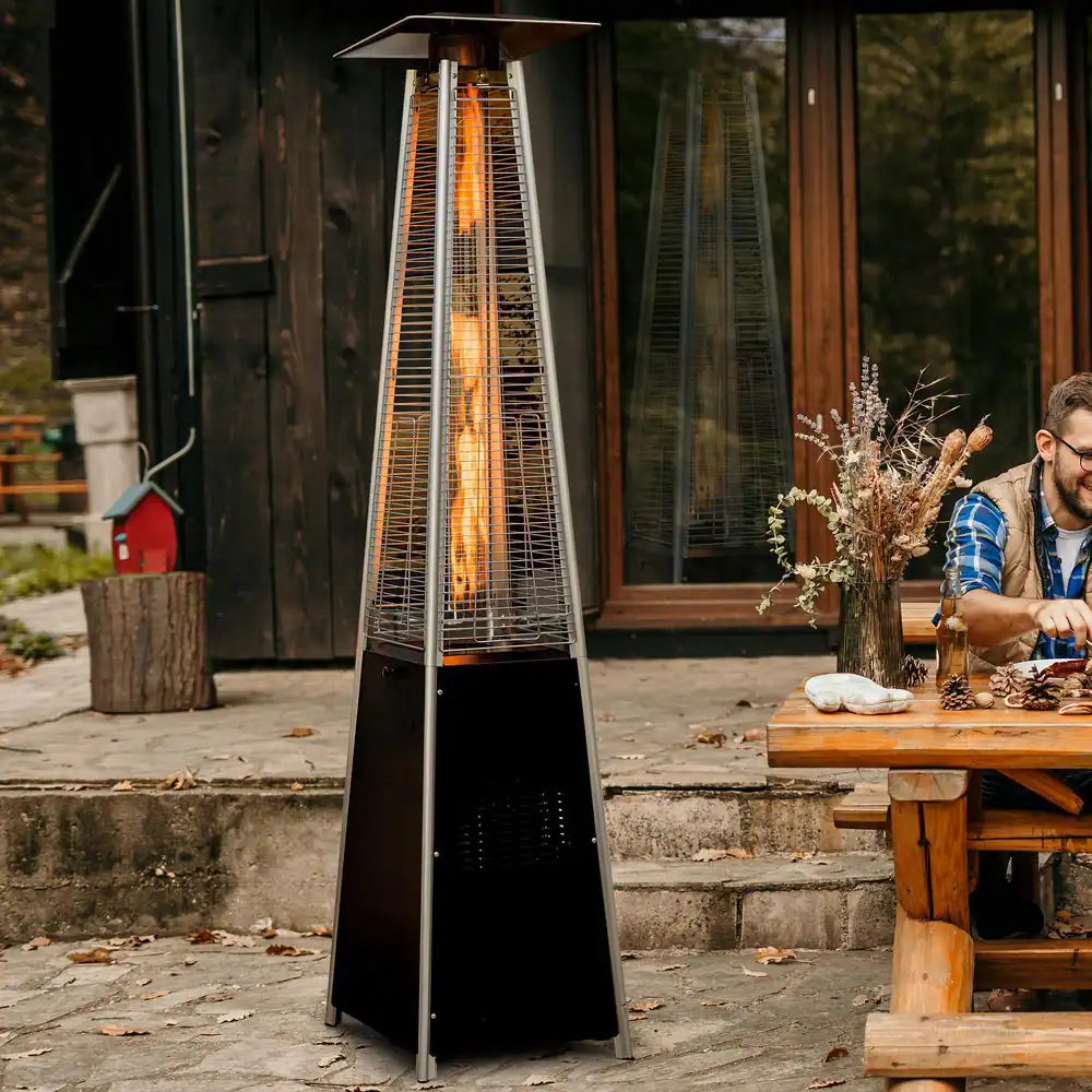 48,000 BTU Steel Propane Standing Pyramid Patio Heater with Wheels Ideal for Backyard Balcony 6-8 People