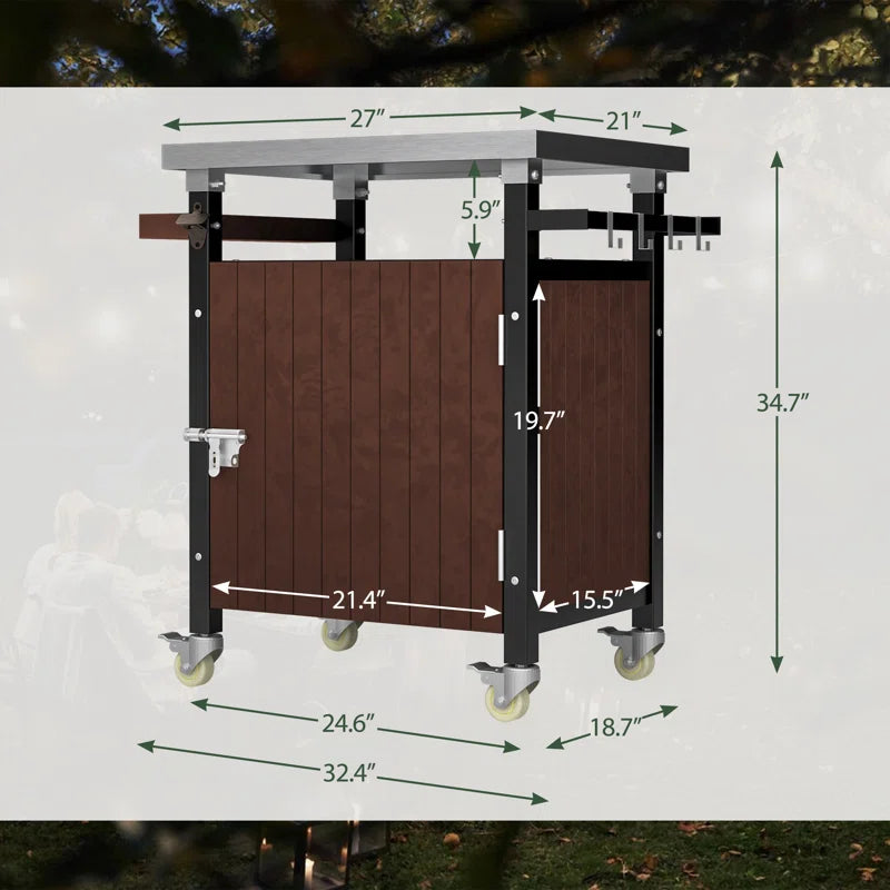 Outdoor Grill Cart with Stainless Steel Tabletop - Versatile Patio Kitchen Island Cart on Wheels with Storage, Movable BBQ Serving Cart Rolling Bar Cart