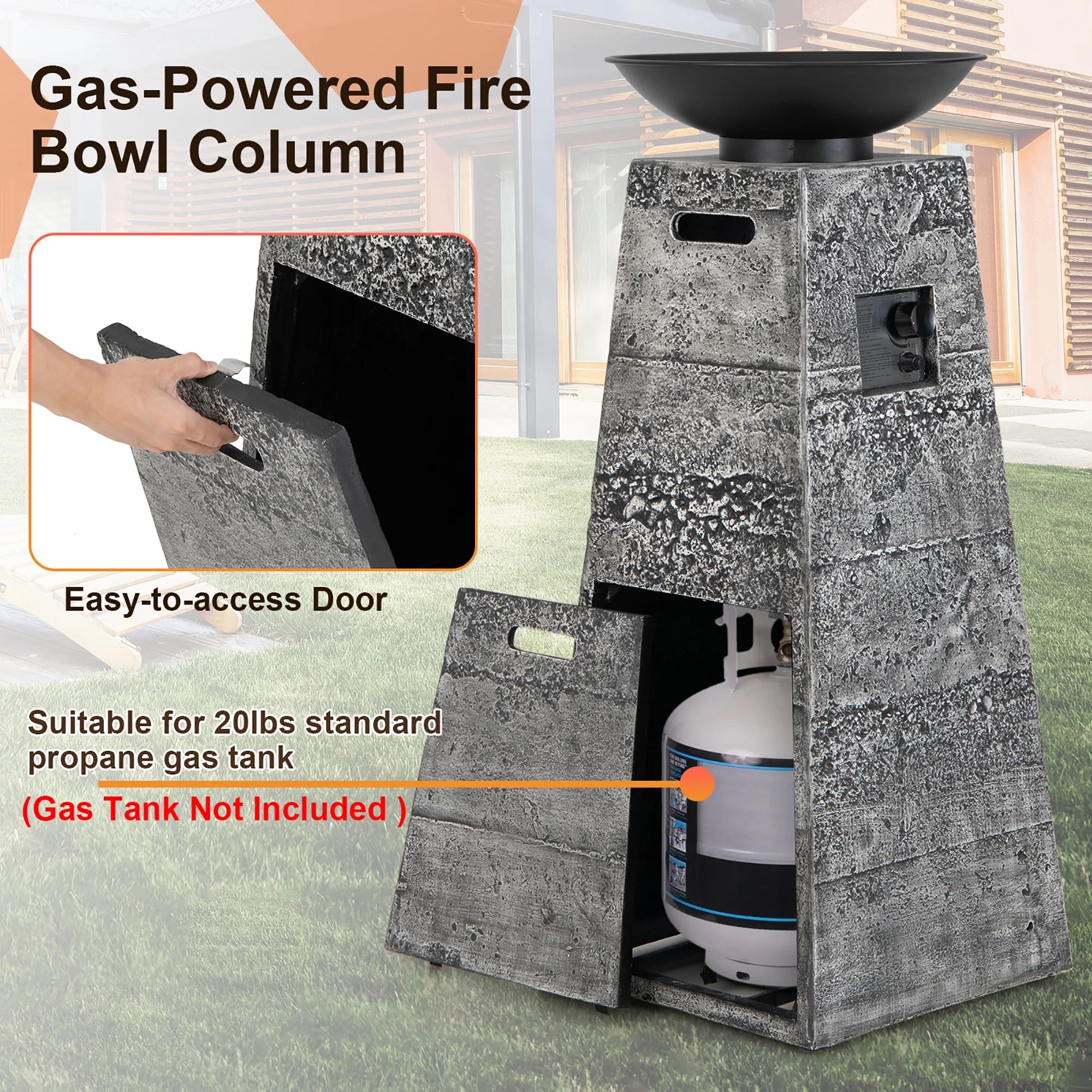 48'' Outdoor Propane Fire Bowl Column W/ Lava Rocks & PVC Cover 30,000 BTU