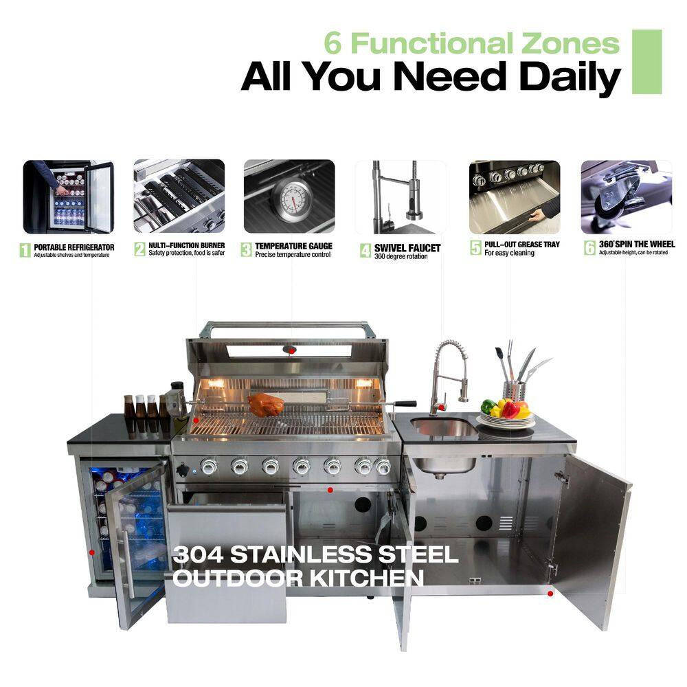 43 In. 6-Burner 85,000 BTU Stainless Steel Outdoor Kitchen BBQ Grill Island, Wine Refrigerator, Rotisserie, in Sliver