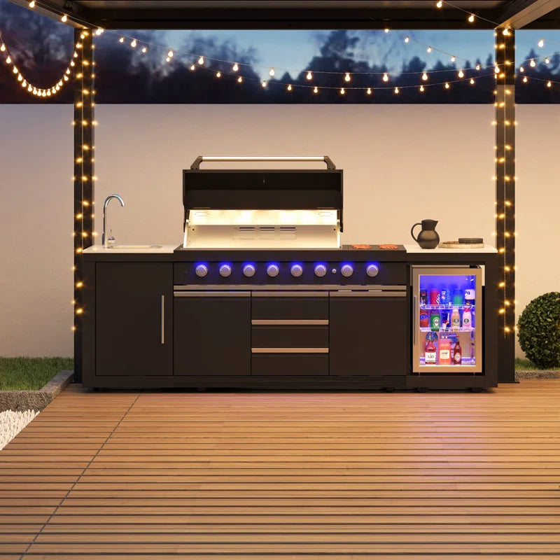 Akoah 4-Piece Modular Outdoor Kitchen Island Set with 8-Burner Grill, Fridge & Wheels