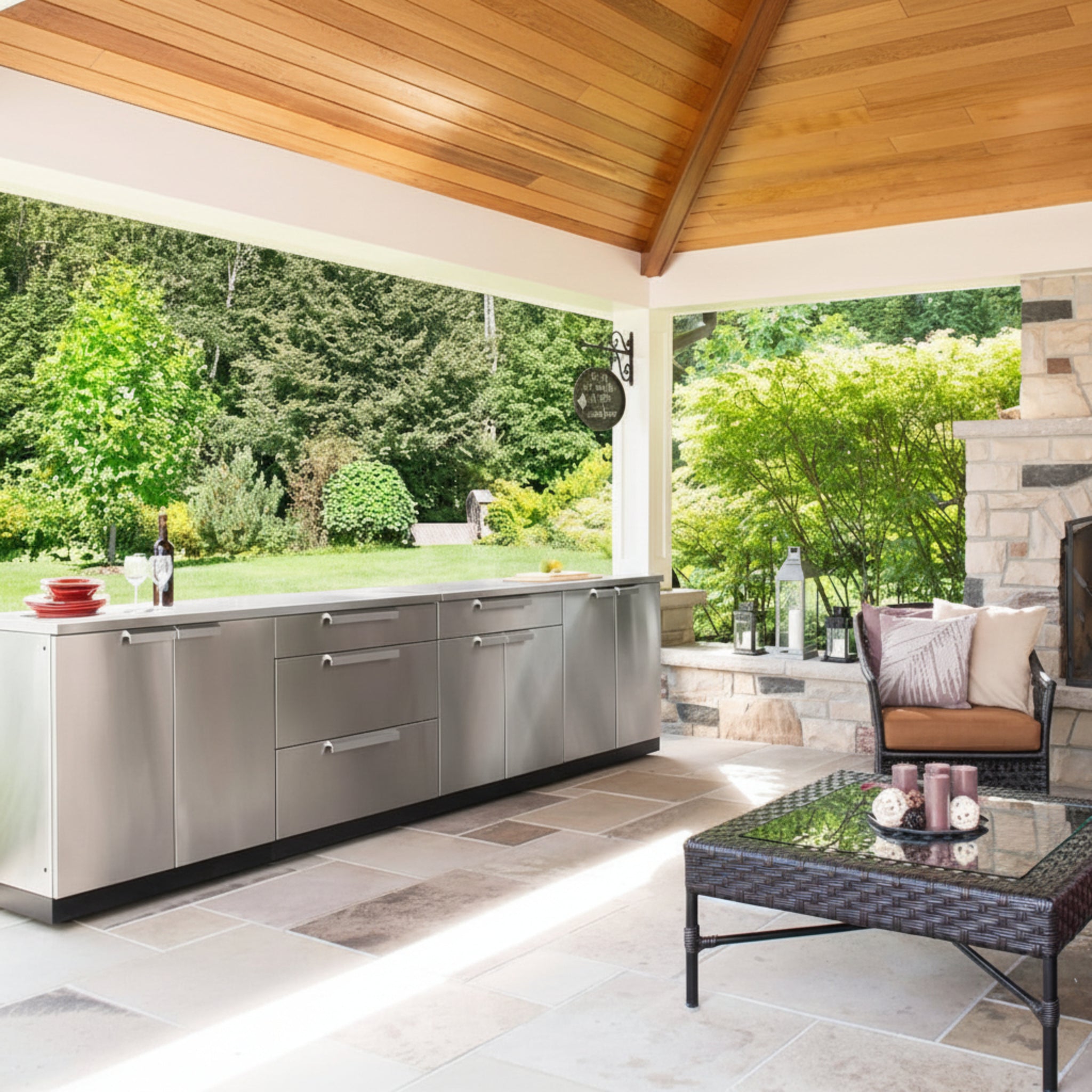 Newage Products Outdoor Kitchen 4 Piece Cabinet Set in Stainless Steel with Countertop and Covers