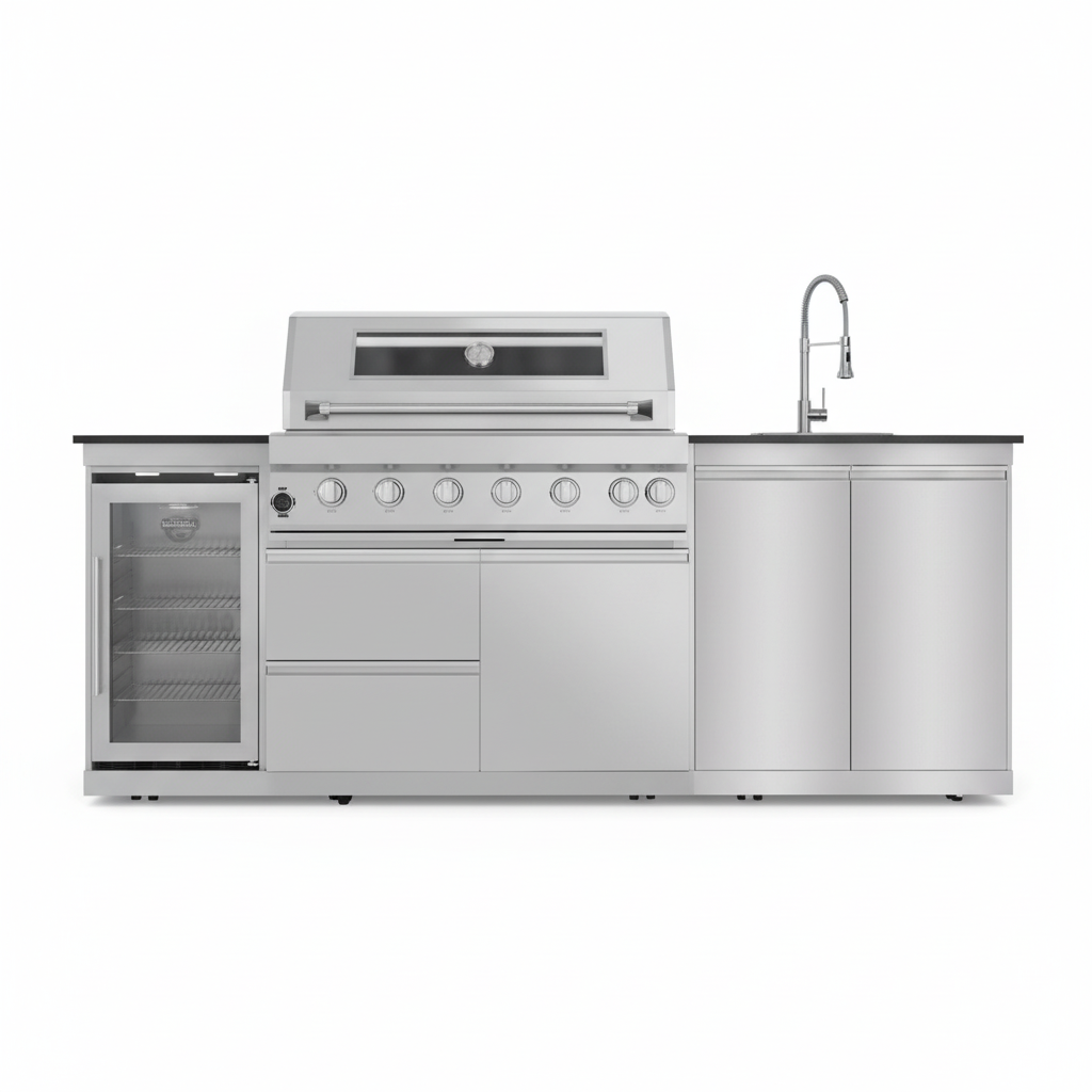 43 In. 6-Burner 85,000 BTU Stainless Steel Outdoor Kitchen BBQ Grill Island, Wine Refrigerator, Rotisserie, in Sliver